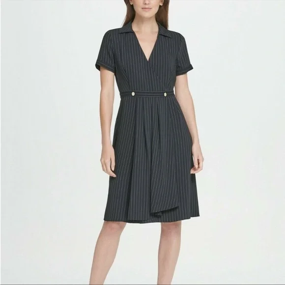 DKNY Black and White Pinstripe Collared Wrap Dress with Gold Buttons DKNY Black and White Pinstripe Collared Wrap Dress with Gold Buttons
